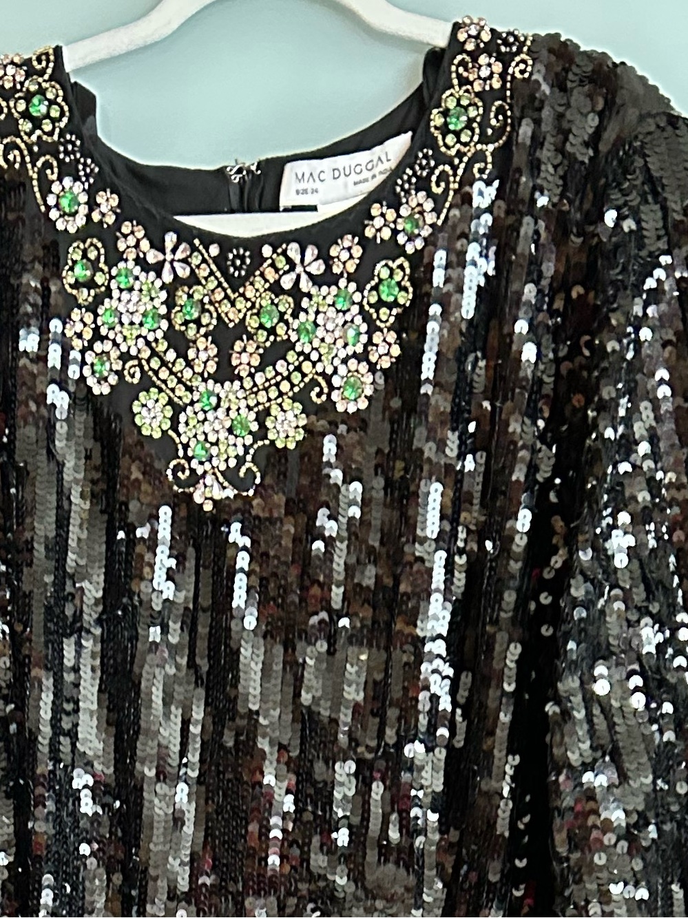 Mac Duggal Black Sequin Top with Green and Gold Beaded Neckline